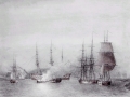 Billedet forstiller ødelæggelsen af Fregatten Najaden ved den norske havn Arendal, d. 6. juli 1812, under Englandskrigene.  Najaden var blevet bygget efter det britiske ran af flåden i 1807 og var i februar 1812 afgået for at tilslutte sig eskadren i Norge. I en dristig aktion blev Najaden og 3 andre danske skibe angrebet af det britiske Orlogsskib Dictator (64 kanoner) og 3 andre britiske skibe. Efter en kort kamp blev Najaden fuldstændig ødelagt og omkring 200 mand af mandskabet dræbt eller sårede.  I bagrunden ses det britiske Orlogsskib Dictator (64 kanoner).