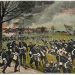 Preusserne angreb mod brohovedet på Dybbølsiden. (Fra et tysk postkort).
