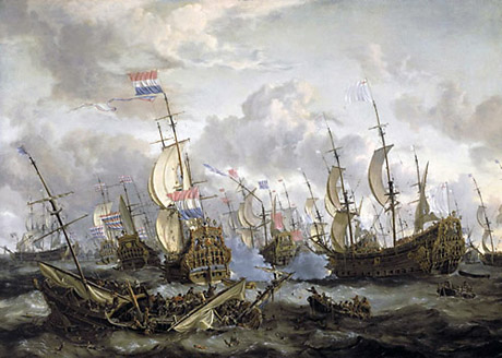 Hollandsk-engelsk søslag i 1666, under den såkaldte "Anden Handelskrig" mellem England og Nederlandene. (Abraham Storck/ Wikipedia)