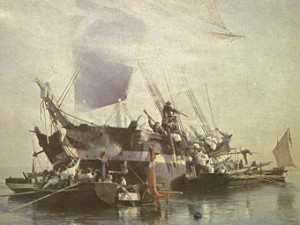 En engelsk brig angribes af danske kanonbåde