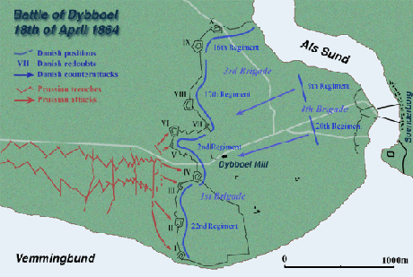 Kort over kampen ved Dybbøl (grafik Gert Laursen)