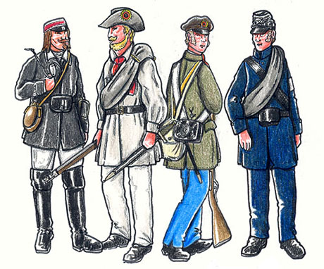 Tyske frivillige. Medlem af studenter korpset, medlem af "Turner" korpset, frivillig fra 2. Frikorps og frivillig fra Braunschweig. (tegninger Jan Schlürmann)
