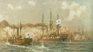 Fregatten Sjælland i kamp med hjuldamperen Loreley og korvetten Nymphe (maleri af Alex Kircher)