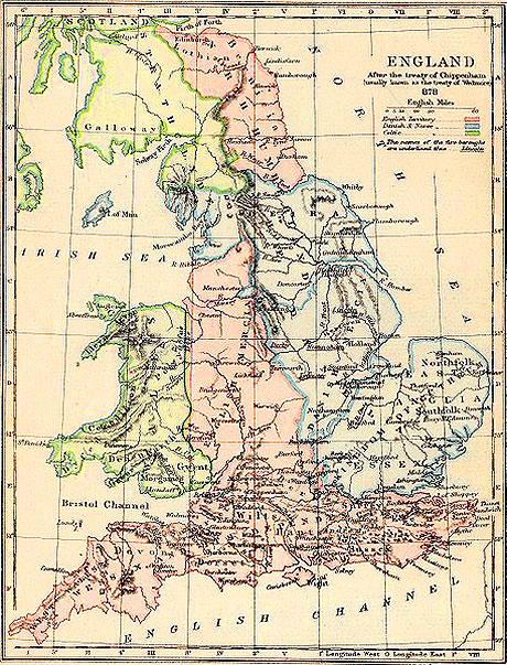 Kort over vikingetidens England og Wales. Pink er angelsaksere, blå er vikinger/skandinaver og grøn er keltere. Grænserne var flydende, så kortet viser kun en omtrentlig situation op mod år 900.