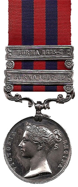 Den britiske India General Service Medal. Den ses her med to spænder for Burma krigene.