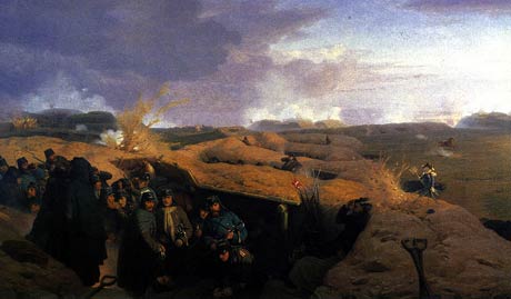 Bombardementet af Dybbøl skanser i 1864 (foto: Wikipedia)