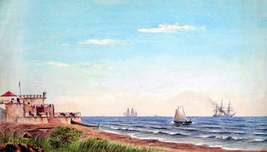 A Danish square rigged naval ship in the Danish West Indies (painting by Hans Peter Holm)