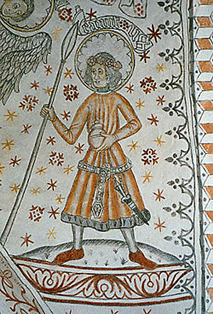 Knud Lavard på kalkmaleri i Vigerslev Kirke (Wikipedia)