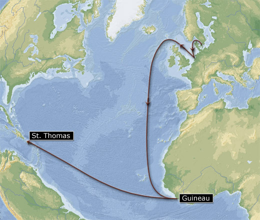 "Christianus Quintus" rute til St. Thomas (grafik: Gert Laursen)