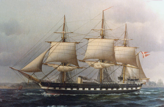 Fregatten Jylland. Maleri af J. Dahl 1883 (Orlogsmuseet)