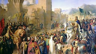 Maleri af Merry-Joseph Blondel af det muslimsk-besatte Acres overgivelse til den franske korsfarer-konge Phillip Augustus 12. juli 1191 under det 3. korstog (Wikimedia Commons)