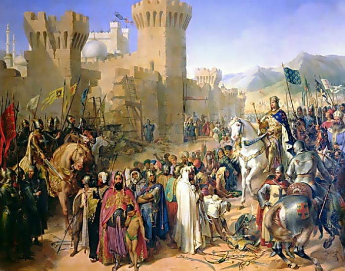 ”Ptolemais (Acre) given to Phillip Augustus 1191”, af Merry-Joseph Blondel. De to års belejring af fæstningen kostede tusindvis af danskere livet under det 3. korstog (Wikimedia Commons)