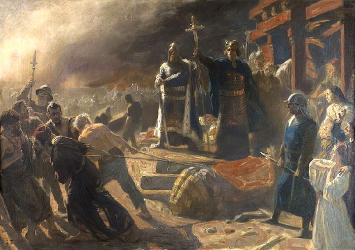 Laurits Tuxens maleri fra 1894 af erobringen af Arkona og guden Svantevits fald.