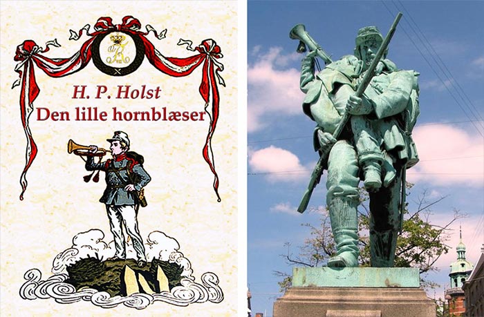 Forsiden til digtet ‘Den lille hornblæser’ af Holst, der inspirerede billedhuggeren H.P. Pedersen til monumentet med samme navn. Det blev opstillet på Rådhuspladsen i 1899.