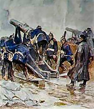 Preussiske artillerister 1864 i færd med at lade og indstille en af de svære belejringskanoner.