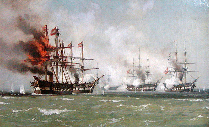 Den danske nordsøeskadre under slaget ved Helgoland 1864. Det østrigske flagskib ‘Schwartzenberg’ er skudt i brand. Maleri af Johan Carl Neumann 1864.