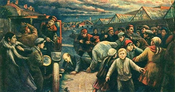 Viktor Pchelins billede fra 1927 (Wikipedia), der viser den socialrevolutionære Fanny Kaplans attentat mod Lenin d. 30. august 1918. Mange forbitredes over, hvad de så som Lenins forræderi mod revolutionen. Den efterfølgende borgerkrig kostede op mod 8 millioner mennesker livet. 
