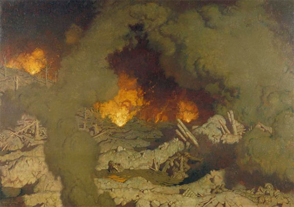 Kunstneren George Leroux malede billedet ”L’Enfer” (Helvede) i 1921, inspireret af egne krigsoplevelser fra Nordfrankrig og Belgien. De splintrede træstumper, sprudlende flammer og kvælende røg demonstrerer den industrialiserede krigs ødelæggelseskraft (Wikicommons).