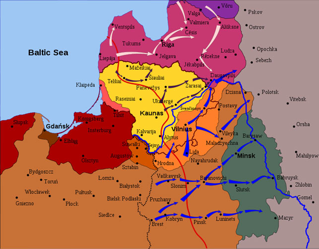 De polske militære fremstød i 1920, der drev Lenins sovjet-styrker væk, markeret med blåt, anti-bolsjevikiske angreb med mørklilla. Det lysbrune område omkring Vilnius er det i 1920-21 omstridte område mellem Litauen og Polen, hvor en afstemning om tilhørsforhold var tiltænkt, med bl.a. danske styrker som støtte. Estiske fremstød (hvide pile) havde dansk deltagelse i form af Dansk-Baltisk Auxilliær Korps, der deltog fra Aluksne til Jekabpils.