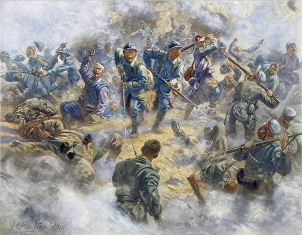 ”Reprise Du Fort De Douaumont Par L’Infanterie Francaise, 1916”, franskmændene generobrer Fort Douaumont (Wikipedia), Henri Georges Jacques Chartier (1859-1924) 