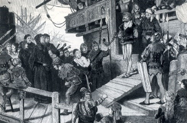 En af Kniphofs markante forgængere udi plyndring af den hansetiske ligas rigt lastede skibe var Claus Störtebecker, der blev et kendt navn i samtiden ved plyndringer af ligaens skibe i årene 1398-1401. Havde tilholdssted i Friesland, nær den egn hvor Kniphof blev fanget, og blev ligeledes taget til fange af en flådestyrke fra Hamborg, og tilmed også henrettet i oktober (1401). Störtebecker arbejdede først som kaper for svenskerne i kampen mod danskerne. ”Einbringung Klaus Störtebekers in Hamburg”, træsnit af Karl Gehrts 1877 fra Hamborgs stadsarkiv, Wikipedia.      