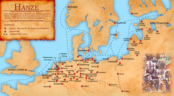 Kort over den hanseatiske ligas udstrækning og dens primære handelsruter; det var ikke tilfældigt, at Sydnorge, som handelsmæssigt trafikknudepunkt i Nordsøen, blev opsøgt af kaperen Claus Kniphof. Wikipedia/Doc Brown 