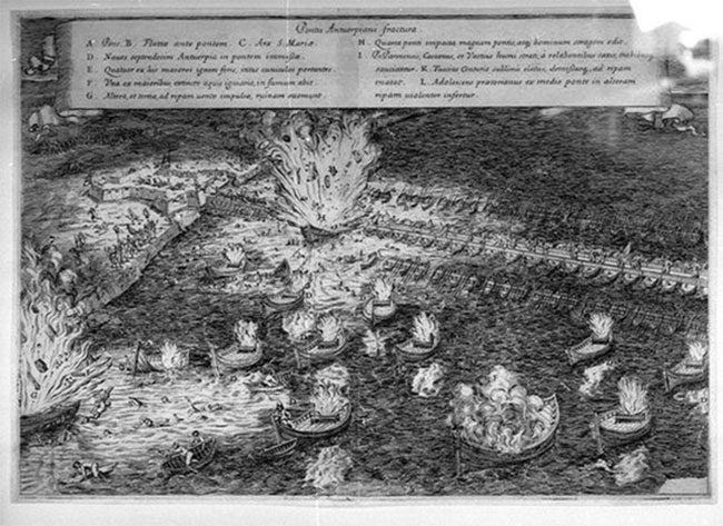 Lübecks desperate forsøg på at ødelægge Rantzaus bro over Trave var afgørende. Her billede af hollændernes angreb med ildskibe mod spaniernes belejringsbro ved Antwerpen 1585. ”Hellburners at Antwerp”, Fabiano Strada (wikipedia).  