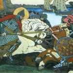 Alexander Nevsky rammer Birger Jarl, den svenske hærfører. Nicholas K. Roerich, 1904 (Wikipedia). Svenskerne ekspanderede og kristnede i Finland i 11-1200-tallet og forsøgte efter at have taget det østlige Finland, kaldet Tavastland, at trænge videre mod øst. Her stødte de på Novgorods styrker, og med nederlaget i slaget ved Neva 15. juli 1240 stoppede ekspansionen. Novgorods hærfører, Alexander, fik tilnavnet ’Nevsky’ for sejren ved Neva.