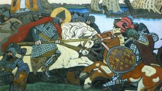 Alexander Nevsky rammer Birger Jarl, den svenske hærfører. Nicholas K. Roerich, 1904 (Wikipedia). Svenskerne ekspanderede og kristnede i Finland i 11-1200-tallet og forsøgte efter at have taget det østlige Finland, kaldet Tavastland, at trænge videre mod øst. Her stødte de på Novgorods styrker, og med nederlaget i slaget ved Neva 15. juli 1240 stoppede ekspansionen. Novgorods hærfører, Alexander, fik tilnavnet ’Nevsky’ for sejren ved Neva.