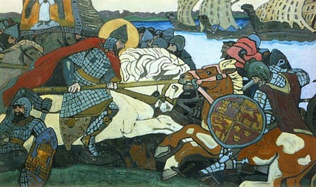 Alexander Nevsky rammer Birger Jarl, den svenske hærfører. Nicholas K. Roerich, 1904 (Wikipedia). Svenskerne ekspanderede og kristnede i Finland i 11-1200-tallet og forsøgte efter at have taget det østlige Finland, kaldet Tavastland, at trænge videre mod øst. Her stødte de på Novgorods styrker, og med nederlaget i slaget ved Neva 15. juli 1240 stoppede ekspansionen. Novgorods hærfører, Alexander, fik tilnavnet ’Nevsky’ for sejren ved Neva. 