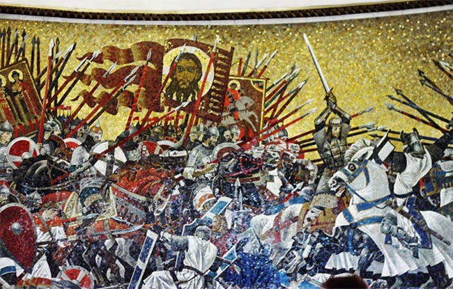 Kunstnerisk fremstilling af Slaget på isen 5. april 1242 (Wikipedia/Messir)