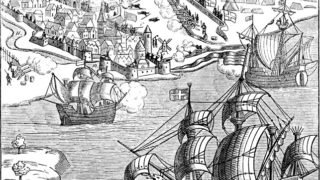 Københavns belejring 1535-36, der fulgte umiddelbart efter Johann Rantzaus sejr ved Øksnebjerg på Fyn 11. juni 1535, afsluttede konflikten. Flåden, der indesluttede København, hvor borgmester Ambrosius Bogbinder nægtede at kapitulere indtil 22. juli 1536, kom direkte fra en sejr i et slag der også foregik i det fynske, slaget i Svendborgsund 16. juni 1535, hvor en flåde fra Lübeck blev ødelagt. Billede fra 1879, baseret på kobberstik fra 1599 (Wikipedia).