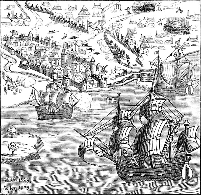 Københavns belejring 1535-36, der fulgte umiddelbart efter Johann Rantzaus sejr ved Øksnebjerg på Fyn 11. juni 1535, afsluttede konflikten. Flåden, der indesluttede København, hvor borgmester Ambrosius Bogbinder nægtede at kapitulere indtil 22. juli 1536, kom direkte fra en sejr i et slag, der også foregik i det fynske; slaget i Svendborgsund 16. juni 1535, hvor en flåde fra Lübeck blev ødelagt. Billede fra 1879, baseret på kobberstik fra 1599 (Wikipedia). 