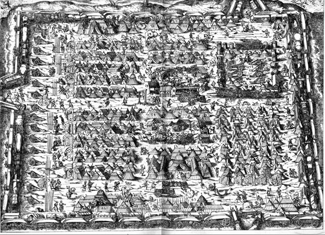 Slaget ved Øksnebjerg 11. juni endte med hårde kampe ved hertugen af Hoyas vognborg, hvor hans hær havde søgt tilflugt efter et fejlslagent angreb. I slagets begyndelse havde veltilrettelagt ild fra Rantzaus kanoner drevet dem ud af vognborgen, hvor de var nemme at ramme. Billede af vognborg fra 1500-tallet. Brugen af vognborge fik en opblomstring i Europa i 1400-tallet med Hussitterkrigene i 1400-tallets Tjekkiet/Böhmen. 
