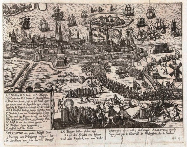 Samtidigt billede af slaget ved Lutter am Barenberg, 27. august 1626, hvor Chr. IV som feltherre og hertug af Holsten med en hær på 22.500 mand og 22 kanoner led et katastrofalt nederlag til feltherren Johann Tilly, i tjeneste for den katolske kejser Ferdinand II, med en hær på 20.000 mand og 18 kanoner. Den danske hær til højre. Nederlaget tvang rivalerne, Danmark og Sverige, ind i et militært samarbejde om at stoppe videre katolsk fremtrængen. 