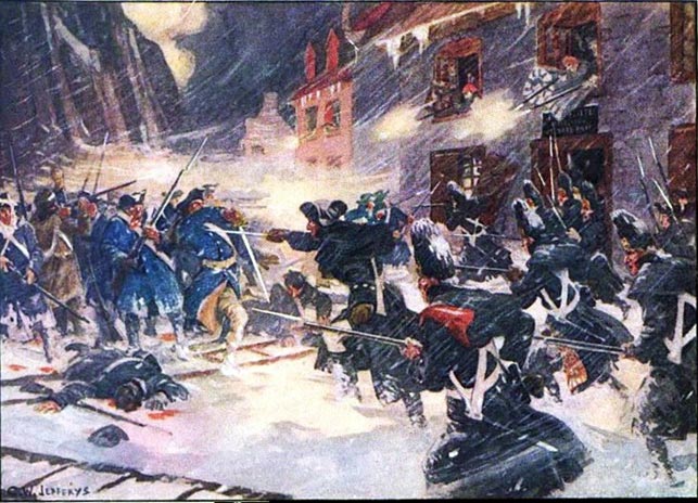 W. Jefferys maleri (Wikipedia) af canadisk-britiske soldater i kamp med angribende amerikanere under snestorm i Quebecs gader. Det amerikanske angreb havde til hensigt, at vinde canadierne over på amerikansk side i oprøret mod briterne. Angrebet blev en total fiasko, og de fleste angribere blev fanget, herunder Fibiger.