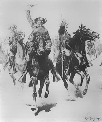 v.: En kunstnerisk fremstilling af Løjtnant Schwatkas og 25 kavaleristers storm på indianerlejren ved Slim Buttes, ”guns blazing” for at sprede forvirring og erobre hestene. 100 soldater havde inden da omringet lejren.