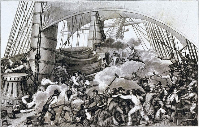 Kapere sværmer ombord et skib. Billede af Ambroise Louis Garneray (Wikipedia) af franske kapere, korsarere, fra skibet Hazard, der i 1796 i indiske farvande angreb og overtog Triton, et skib fra Britisk Østindisk Kompagni.