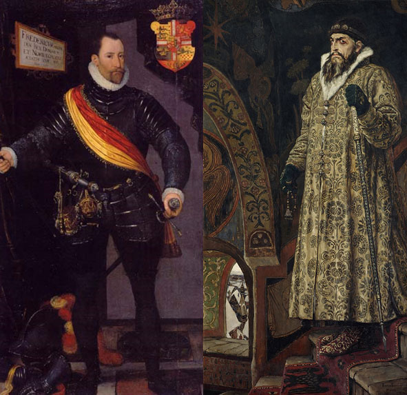 Kong Frederik II (portræt af Hans Knieper el. Melchior Lorck 1581, Wikipedia) og tsar Ivan IV (portræt af Viktor Vasnetsov 1897) blev enige om at hjælpe hinanden i kampen på Østersøen mod de fælles fjender.