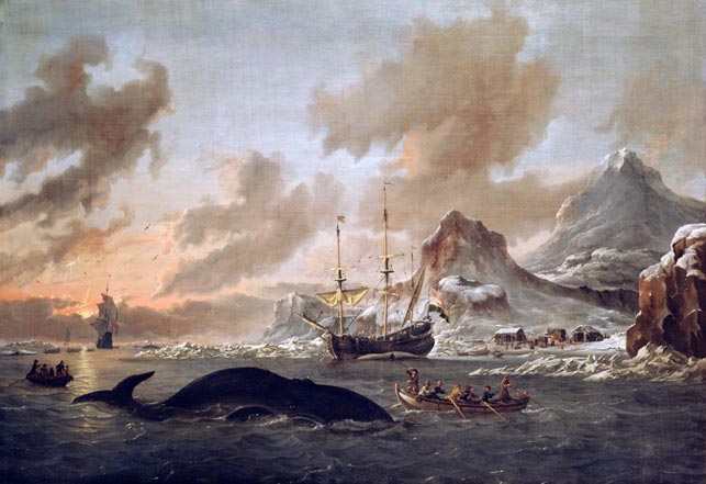 Walvisvangst bij de kust van Spitzbergen, Abraham Storck, 1690 (Wikipedia). Hvaljagt ved Spitsbergen, Svalbard. Hvaler udgjorde en væsentlig ressource for Danmark-Norge. I kølvandet af jagten på Mendozas opbragtes også baskiske hvalfangere med op mod 2000 tønder tran lavet af hvalspæk, som blandt andet blev brugt til lampeolie, som var en svært efterspurgt vare. 