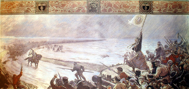 Max Kochs billede (Wikipedia) fra 1910 af ditmarskernes kamp mod kong Hans’ hær. Bondehærens sejr gav anstød til oprør i Sverige, hvor endnu en bondehær tog kampen op mod kong Hans.