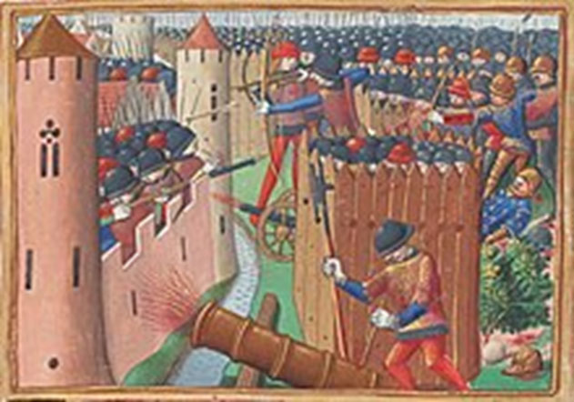 Tunge og lette kanoner samt palisadeværk i brug under belejringen af Orleans 1428 (Wikipedia)