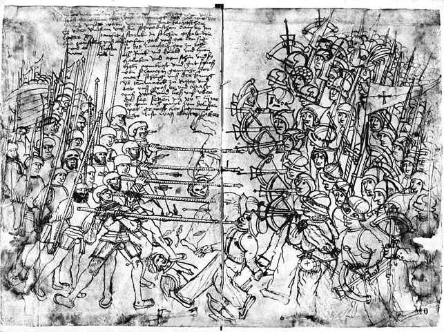 Billede af Paul Dolnstein; svenske bønders kamp mod tyske lejesoldater i kong Hans’ tjeneste i 1501-oprøret (Wikipedia). Bønderne til højre. Dolnstein deltog selv som lejesoldat. Afsættelseskrigen (Avsättelseskriget), som konflikten kendes som i Sverige, varede til 1512.