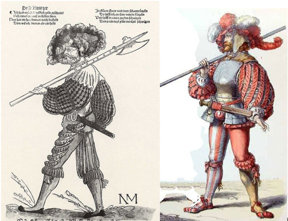En stor del af dronningens soldater på Stockholms slot var tyske lejesoldater, der ofte var klædt i farverigt og storladent tøj. Begge figurer er fra start 1500-tallet (Wikipedia). 