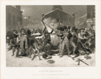 Slagsmål og skyderi mellem borgere og soldater i gaderne, som det kunne have set ud i Københavns gader 1771 (billedet er dog fra Boston 1770. Alonso Chappell, 1868 (Wikipedia)) 
