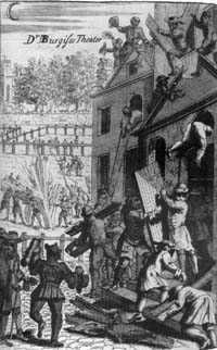 Optøjer, ødelæggelse i gaderne. Fra Sacheverell Riots i 1710, London (Wikipedia)