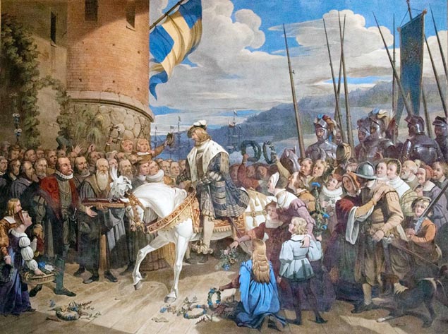 Gustav Vasas indtog i Stockholm. Hans sejr i krigen 1521-23 mod Christian 2. betød, at Sverige aldrig igen skulle komme under dansk herredømme. (Wikipedia, maleri af Johan Gustaf Sandberg, 1830’erne).