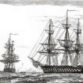 Fregatten GEFION og linieskibet CHRISTIAN VIII i Eckernförde fjord. (Tegning af Emanuel Larsen)