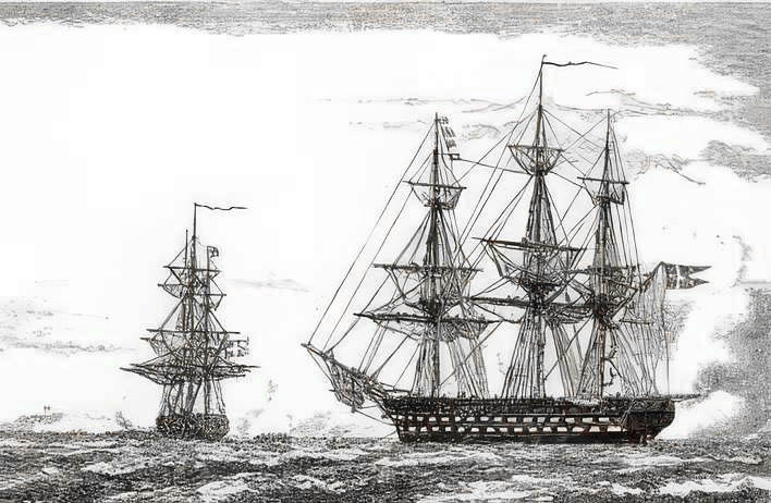 Fregatten GEFION og linieskibet CHRISTIAN VIII i Eckernförde fjord. (Tegning af Emanuel Larsen)