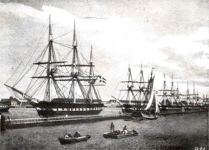 Fregatter klargøres og udrustes på Holmen i 1849. (Affotografering af maleri af C. Eckersberg)